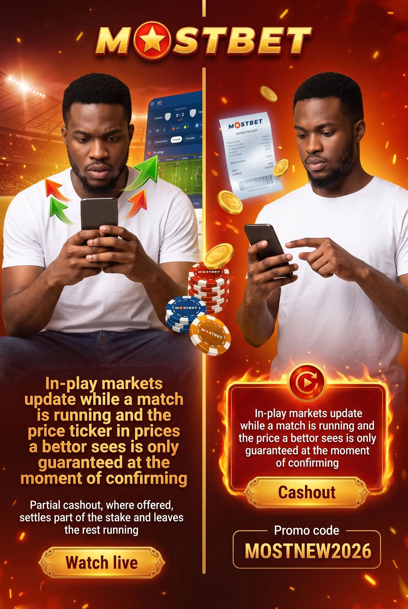 In-play betting and cashout on Mostbet